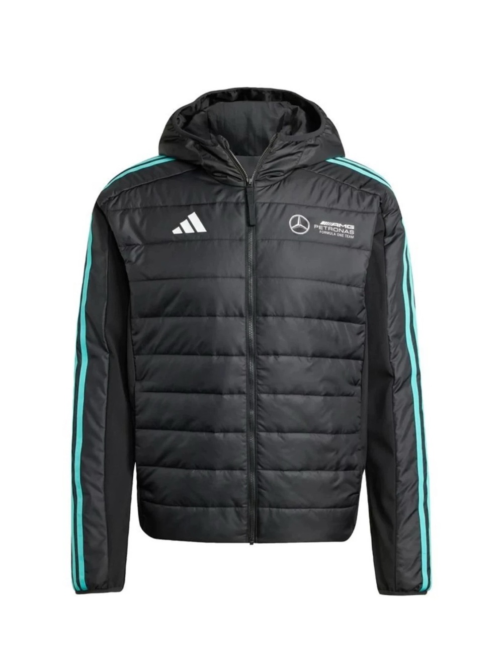 adidas x Mercedes AMG Petronas F1 Black Hooded Puffer Jacket with Teal Stripes